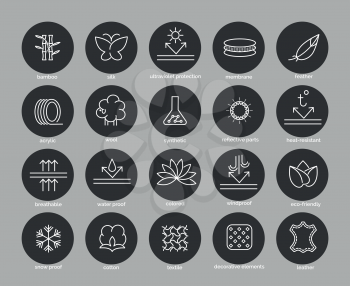 Fabric feature line icons set in black circles. Vector illustration