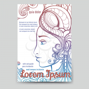Brochure or flyer banner template with colorful woman face. Vector illustration