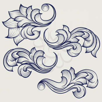 Hand drawn floral baroque engraving elements on grey backdrop. ector illustration
