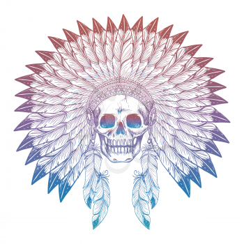 Hand drawn colorful skull in native american headdress isolated on white. Vector illustration