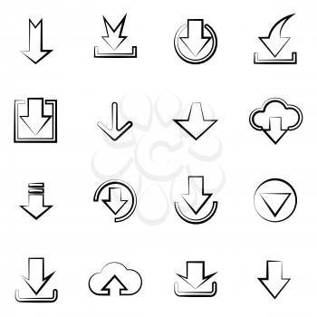 Hand drawn imitation downloading icons set isolated on white background. Vector line art icons design