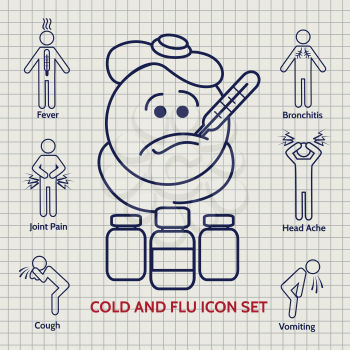 Line Influenza icons set on notebook page. Vector illustration