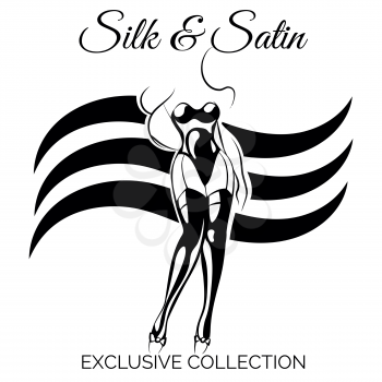 Black and white lingerie shop emplem or poster with sexy woman silhouette. Vector illustration