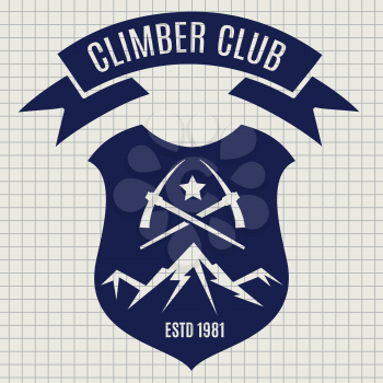 Climber club badge design vector illustration. Retro style mountain travel label