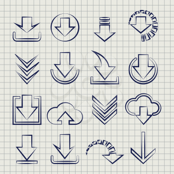 Downloading icons set. Vector line icons download on notebook background