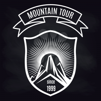 Travel label design vector illustration. Mountain tour retro badge on blackboard