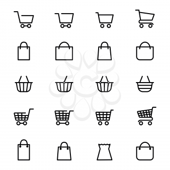 Shopping baskets and store bags line icons isolated on white. Vector illustration