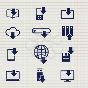 Different devices downloading line icons on notebook page backdrop. Vector illustration