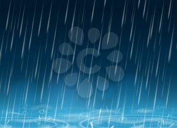 Autumn weather blue nature background with falling rain drops and puddles vector illustration