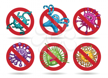 Stop viruses emblem set in cartoon style vector illustration. Bacterium, germs and worm parasite anti symbols pathology antibody