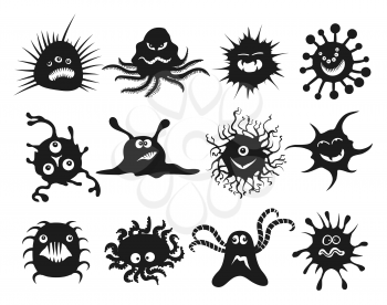 Cartoon virus black icons. Cell viruses, bacillus and bacteria set like flu and cancer vector illustration