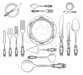 Hand drawn top view empty table dish with plate and spoon, knife and fork vector illustration