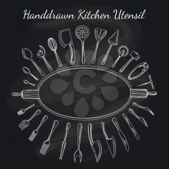 Cutlery and cooking utensils hand drawn background on balck chalk board vector illustration for restaurant menu