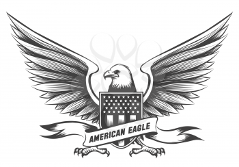 American bald eagle emblem or badge with shield, stripes and stars isolated on white background