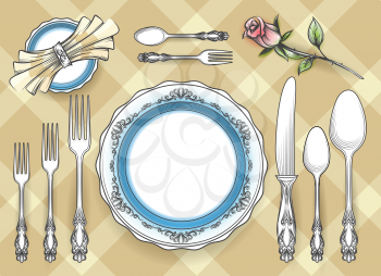 Cutlery set vector sketch. Hand drawn restaurant dinnerware or tableware utensils
