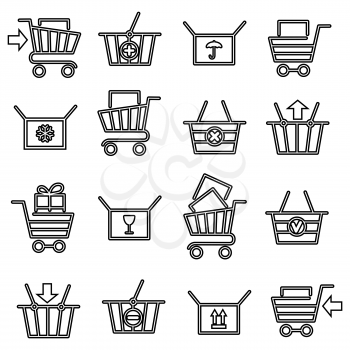 Black thin line shopping cart or store trolley icon set. Vector illustration