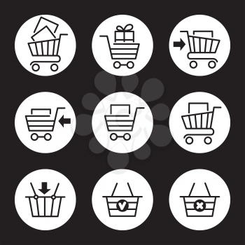 Shopping cart or store trolley line icons isolated on white circles. Vector illustration
