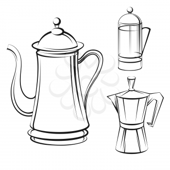 Coffee pot isolated on white background. Coffee pot sketch set vector