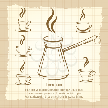 Vintage poster with coffee maker and cups of coffee. Vector hand drawn coffee design