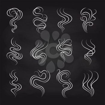 White smoke smell line icons on blackboard background. Vector illustration