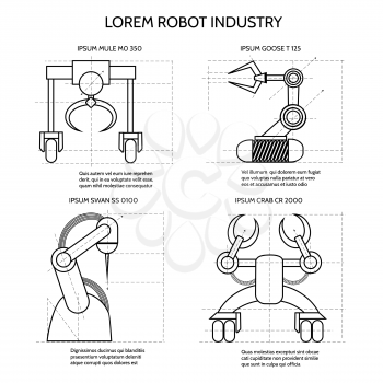 Black industrial robotic armed machines isolated on white background. Vector illustration