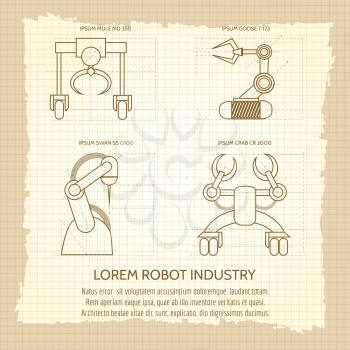 Vintage poster of industrial robotic armed machines. Vector illustration