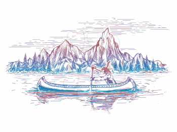 Native american in the boat and mountain. Vector colorful mountain and river landscape