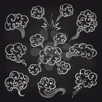 Retro sketch of steam and clouds on blackboard background. Vector illustration