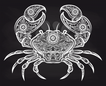 Vintage ornate crab on blackboard. Vector white doodle crab design