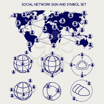 World social network and symbol set on grey. Vector illustration