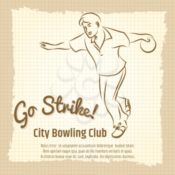 Bowling club vintage poster design with man bowling ball and lettering sign go strike. Vector illustration