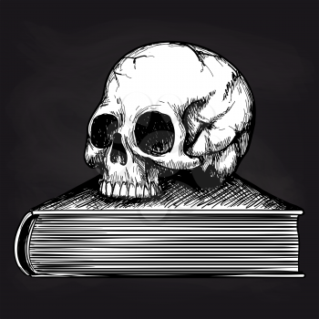 Black and white sketch of human skull on book on blackboard background. Vector illustration