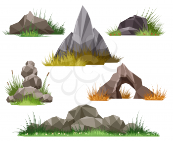 Rock and stone set isolated on white background. Vector stones and pebbles in green grass vector illustration