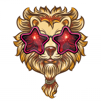 Stylish lion with beard in stars sunglasses for print on t-shirt vector illustration