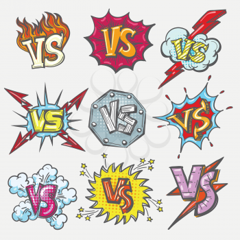 Versus doodle patch set. VS battle letters emblems, duel fight labels vector illustration