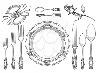 Vintage food service equipment sketch. Romantic hand drawn dinner cafe utensils isolated on white background. Vector illustration