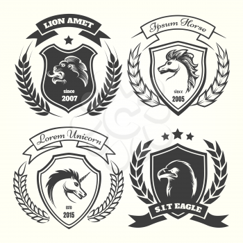 Medieval heraldry coat of arm set with wreaths, shields and stars. Coats of arms with unicorn and horse, lion and eagle vector illustration