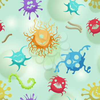 Cute bacteria and microbes colorful cartoon seamless pattern