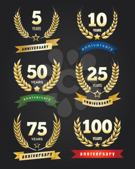 Anniversary golden banners. Traditional logo set with wreaths, ribbons and years numbers