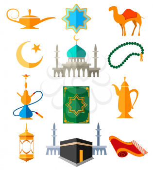 Muslim arabic icons vector illustration. Islamic culture colored signs for ramadan kareem