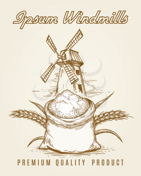 Windmill product vintage poster with ears of wheat and bag full of flour vector illustration