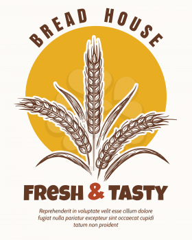 Bakery logo with wheat ears. Fresh bread and baking sketch emblem vector illustration