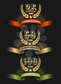 Anniversary logo set isolated on black background. Golden award years celebration labels vector illustration for corporate invitation cards