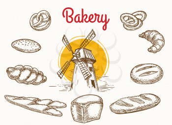 Vintage traditional bakery products vector sketch. Wheat and rye bread and grain mill hand drawn illustration isolated on white background