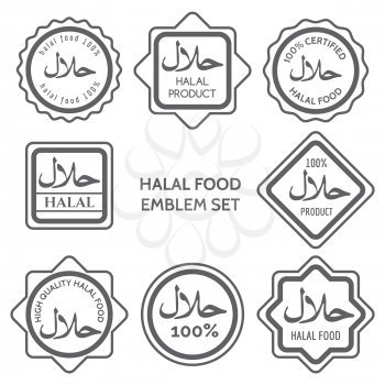 Halal food product labels. Islamic kosher certified arabic meal emblem templates. Vector illustration