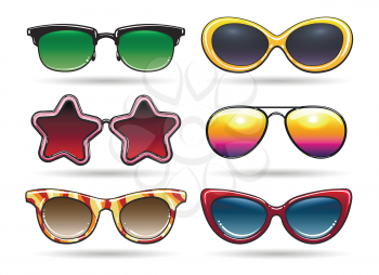 Colored sunglasses vector illustration. Sun eyeglasses with reflection for cool summer in retro or vintage style isolated on white