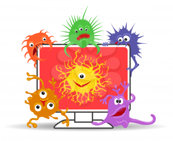 Computer virus internet security attack vector illustration. Display icon with viruses danger isolated on white background