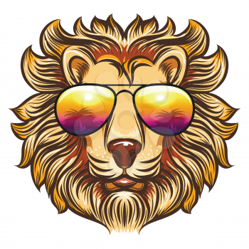 Lion in rainbow glasses in cartoon style. Hand drawn leo in sunglasses with palms design, vector illustration on white background