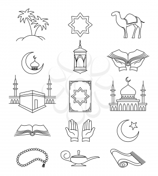 Vector muslim line signs and islamic linear icons for ramadan kareem isolated on white background