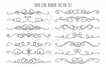 Thin line decoration dividers isolated on white background. Handdrawn swirling flourish linear divider vector set